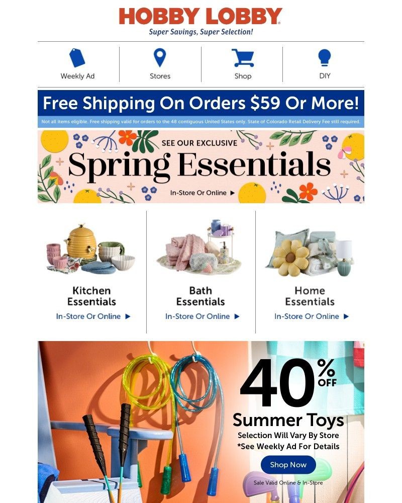 Screenshot of email sent to a Hobby Lobby Newsletter subscriber