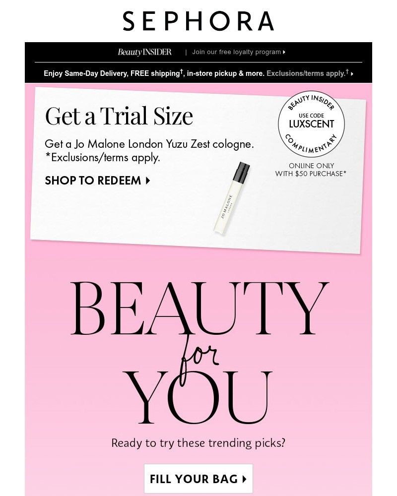 Screenshot of email sent to a Sephora Newsletter subscriber