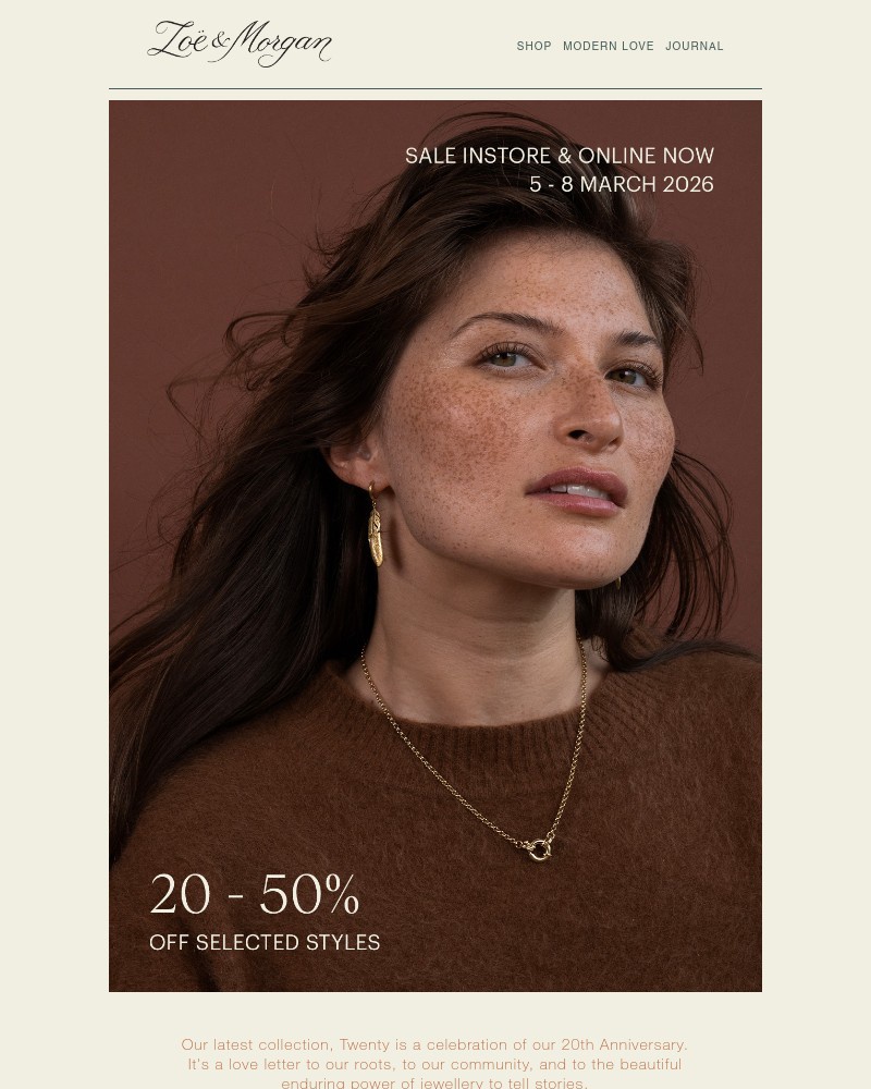 Screenshot of email sent to a Zoe & Morgan Newsletter subscriber