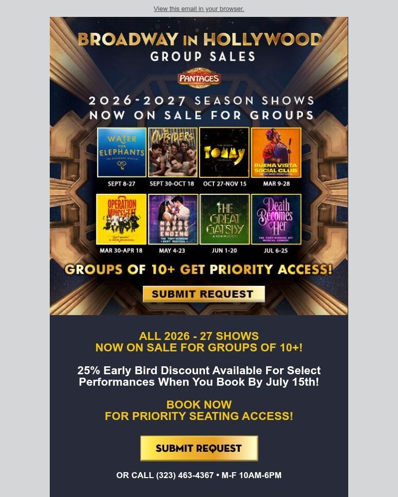 Screenshot of email sent to a Broadway in Hollywood Newsletter subscriber