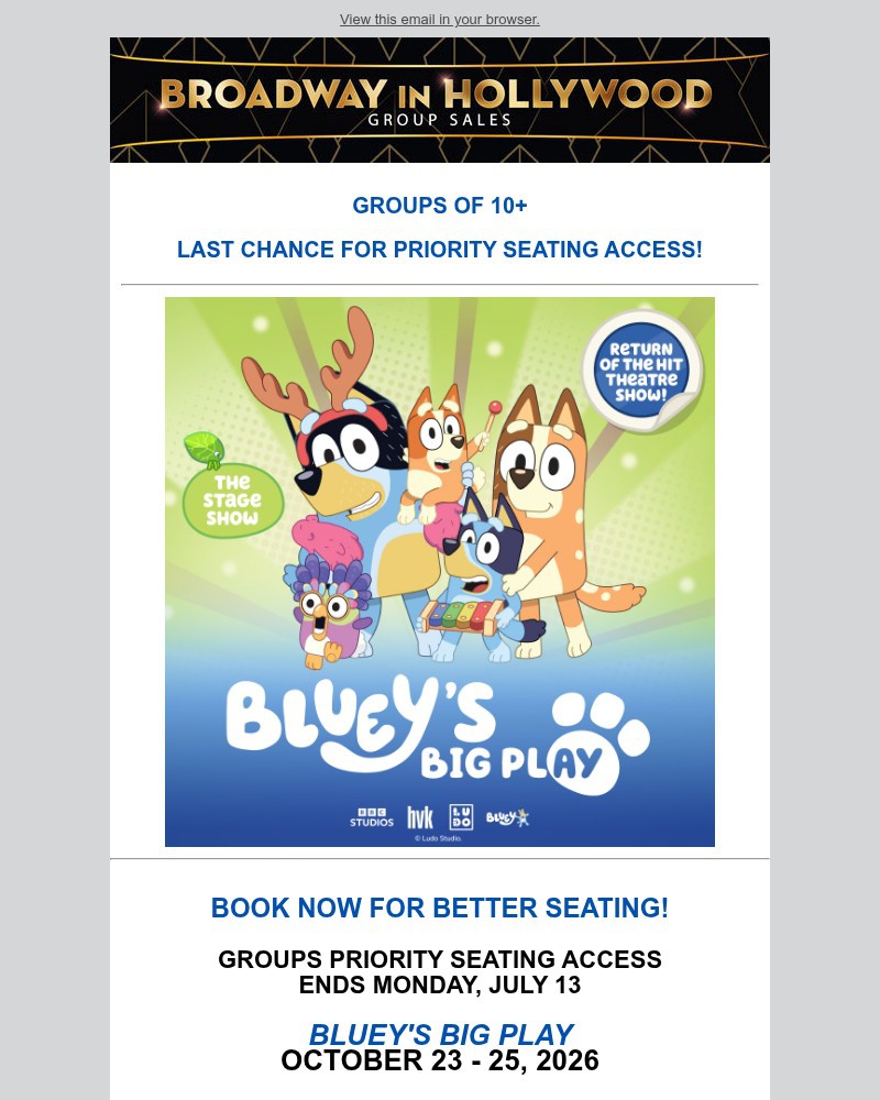Screenshot of email sent to a Broadway in Hollywood Newsletter subscriber