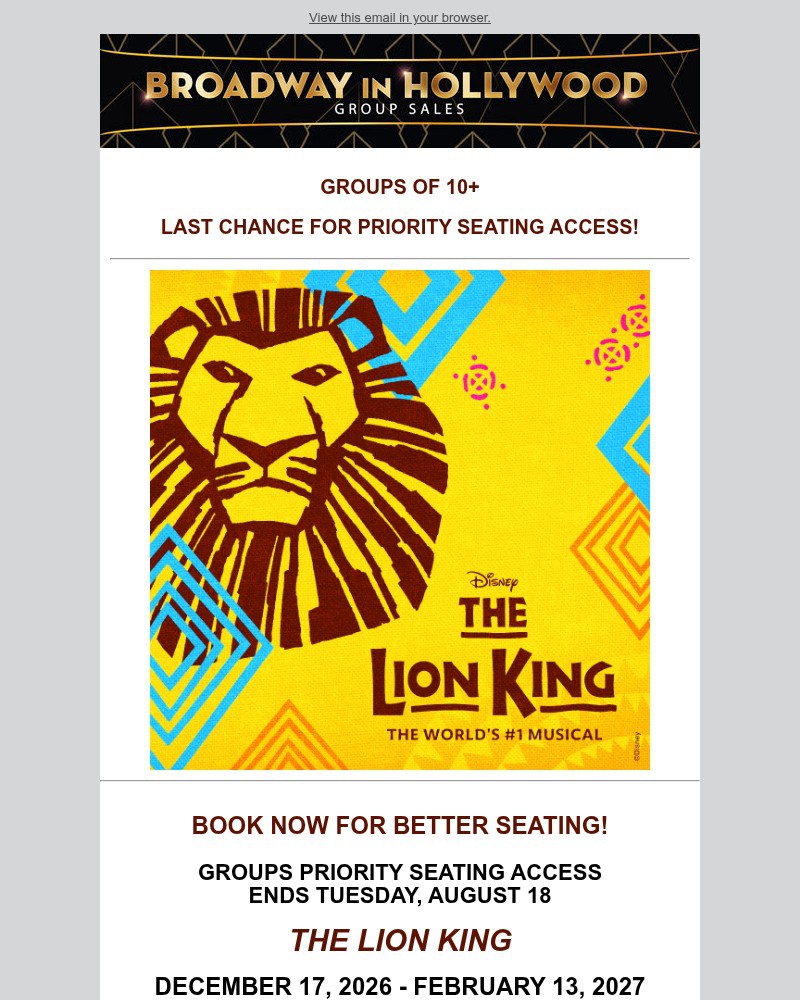 Screenshot of email sent to a Broadway in Hollywood Newsletter subscriber