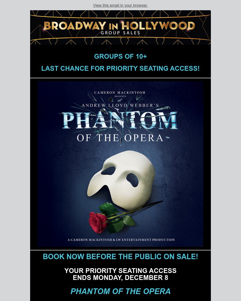 Screenshot of email sent to a Broadway in Hollywood Newsletter subscriber
