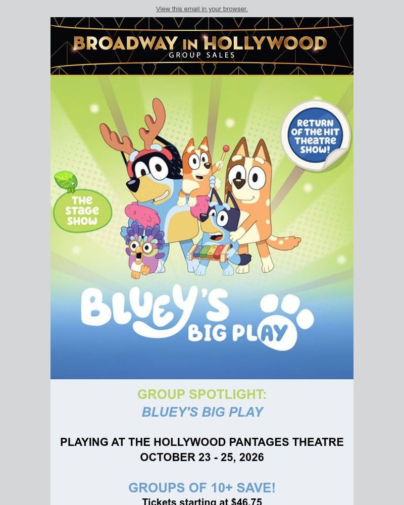 Screenshot of email sent to a Broadway in Hollywood Newsletter subscriber