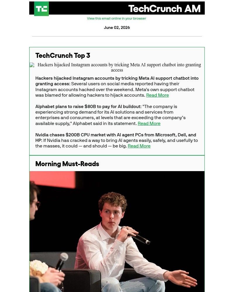 Screenshot of email sent to a Techcrunch Newsletter subscriber