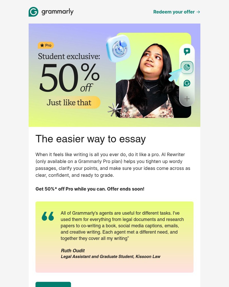 Screenshot of email sent to a Grammarly Invited user
