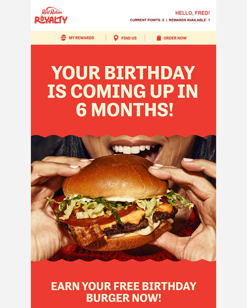 Screenshot of email sent to a Red Robin Registered user