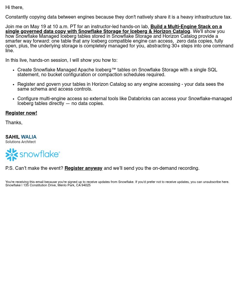 Screenshot of email sent to a Snowflake Newsletter subscriber