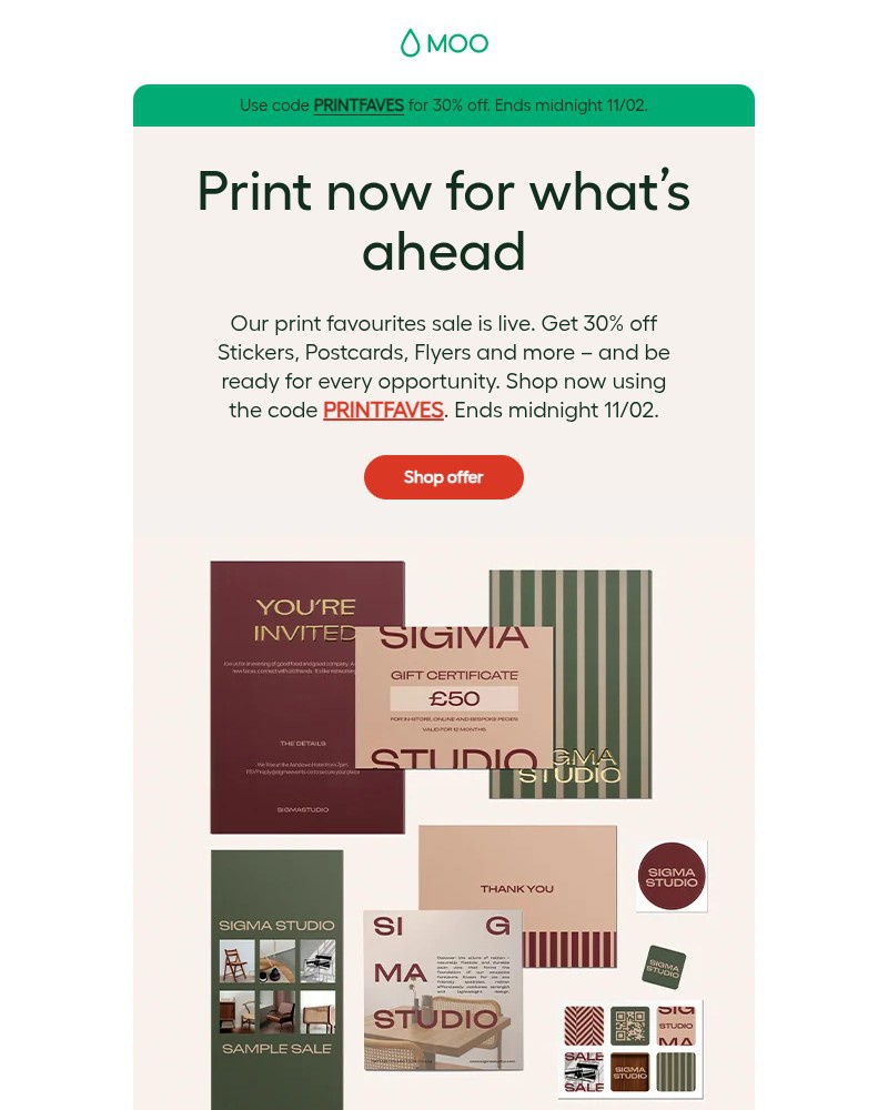 Screenshot of email sent to a Moo Newsletter subscriber