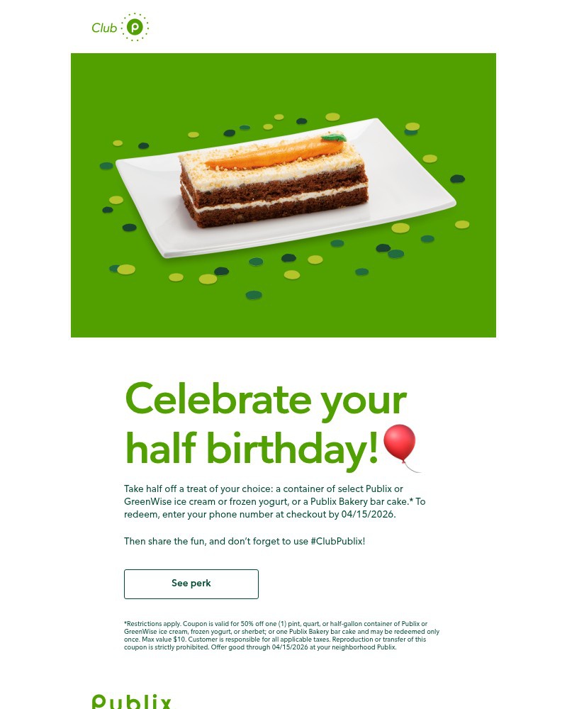 Screenshot of email sent to a Publix Registered user