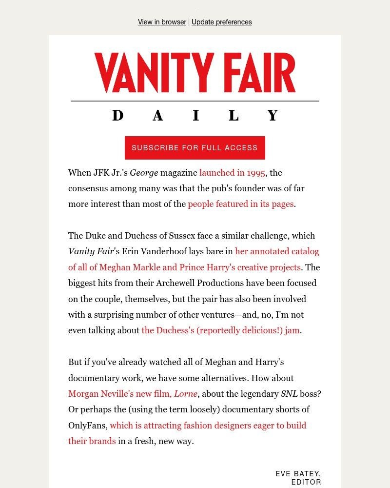 Screenshot of email sent to a Vanity Fair Newsletter subscriber