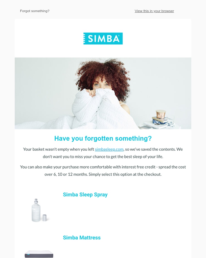 Screenshot of email sent to a Simba Cart abandoner