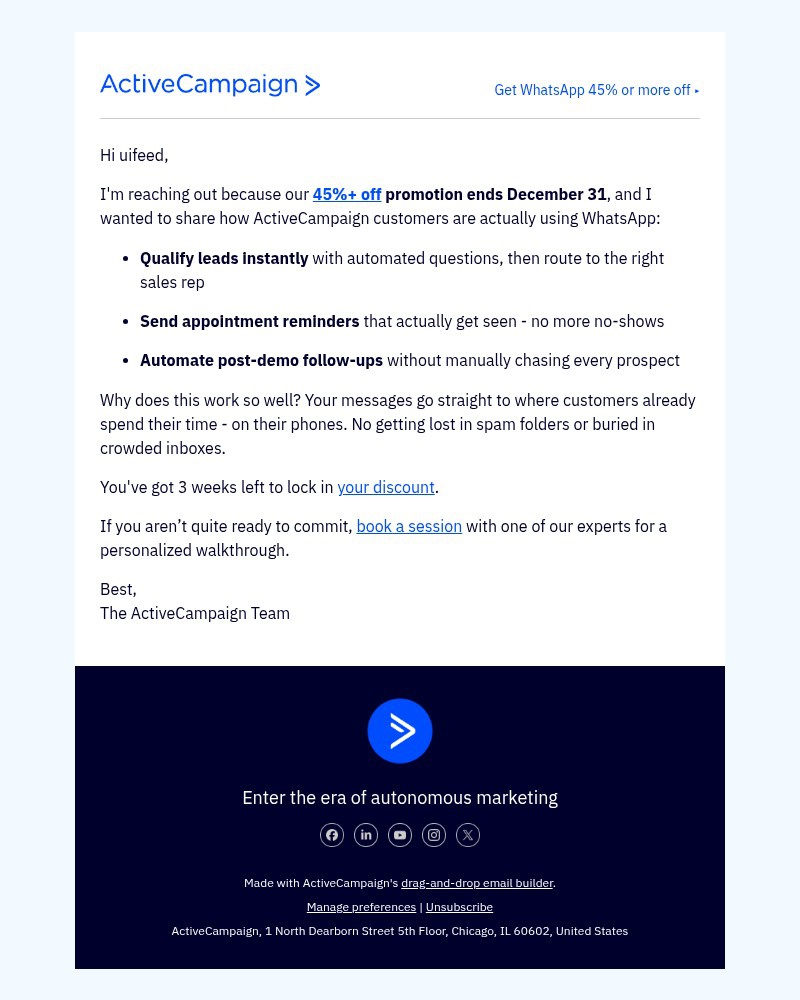 Screenshot of email sent to a ActiveCampaign Customer
