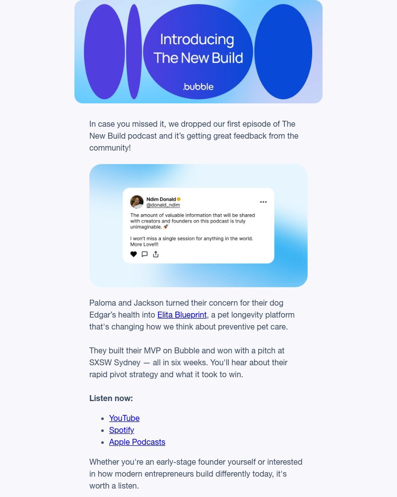 Screenshot of email sent to a Bubble Registered user
