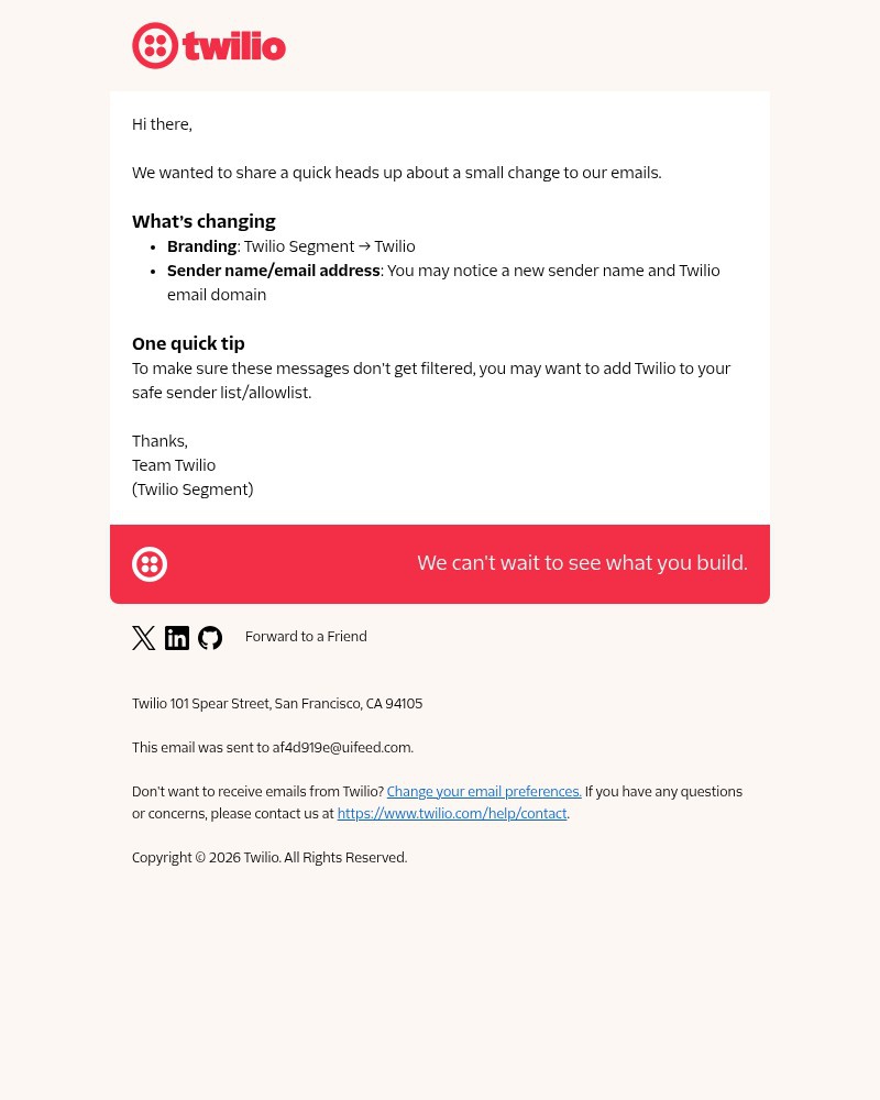Screenshot of email sent to a Segment Trial user