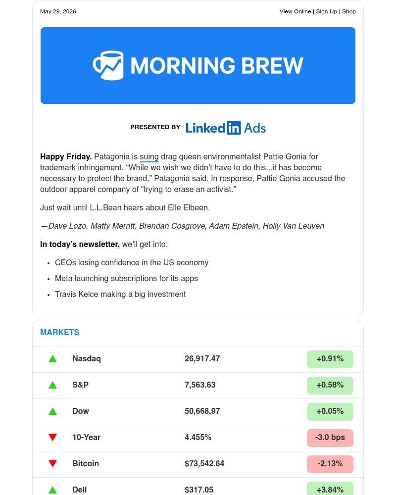 Screenshot of email sent to a Morning Brew Newsletter subscriber