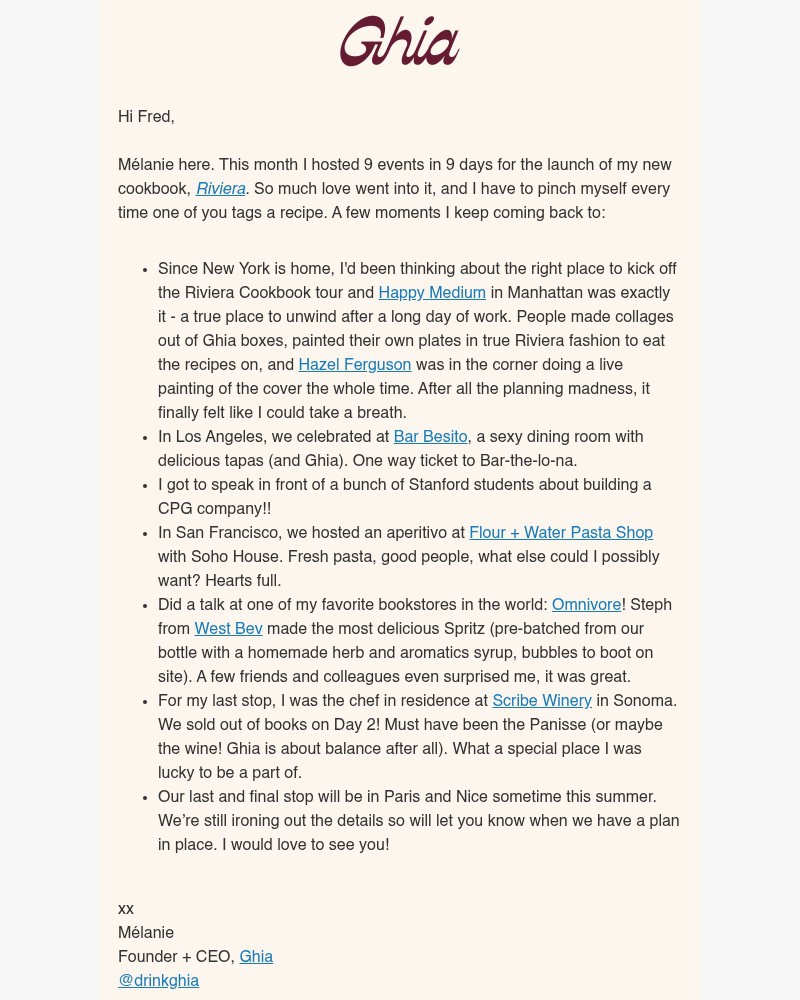 Screenshot of email sent to a Ghia Newsletter subscriber