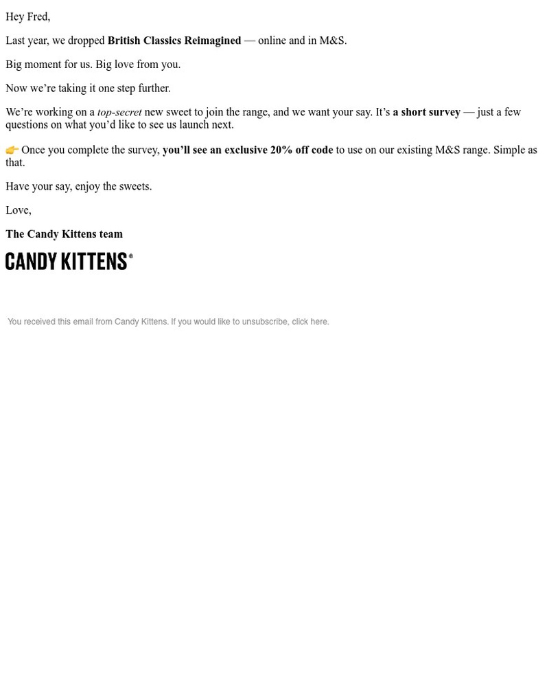 Screenshot of email sent to a Candy Kittens Newsletter subscriber