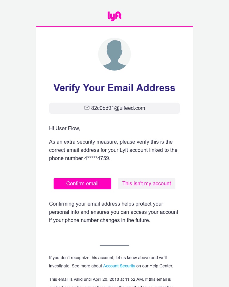 Screenshot of email sent to a Lyft Registered user