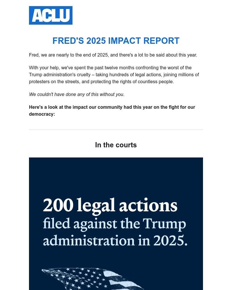 Screenshot of email sent to a American Civil Liberties Union Newsletter subscriber