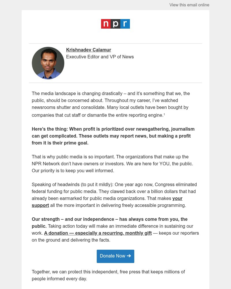 Screenshot of email sent to a NPR Newsletter subscriber