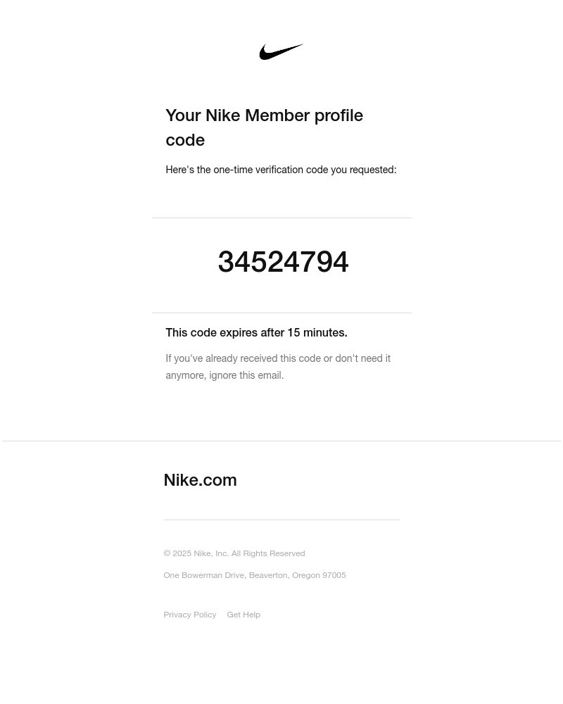 Screenshot of email sent to a Nike Registered user