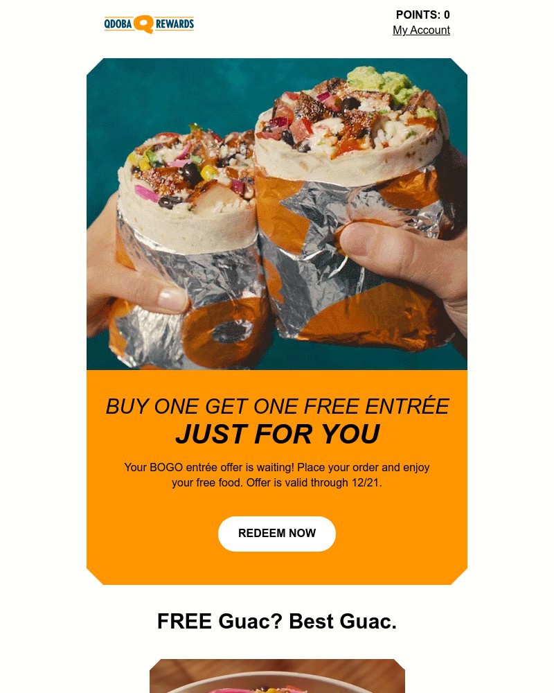 Screenshot of email sent to a Qdoba Registered user