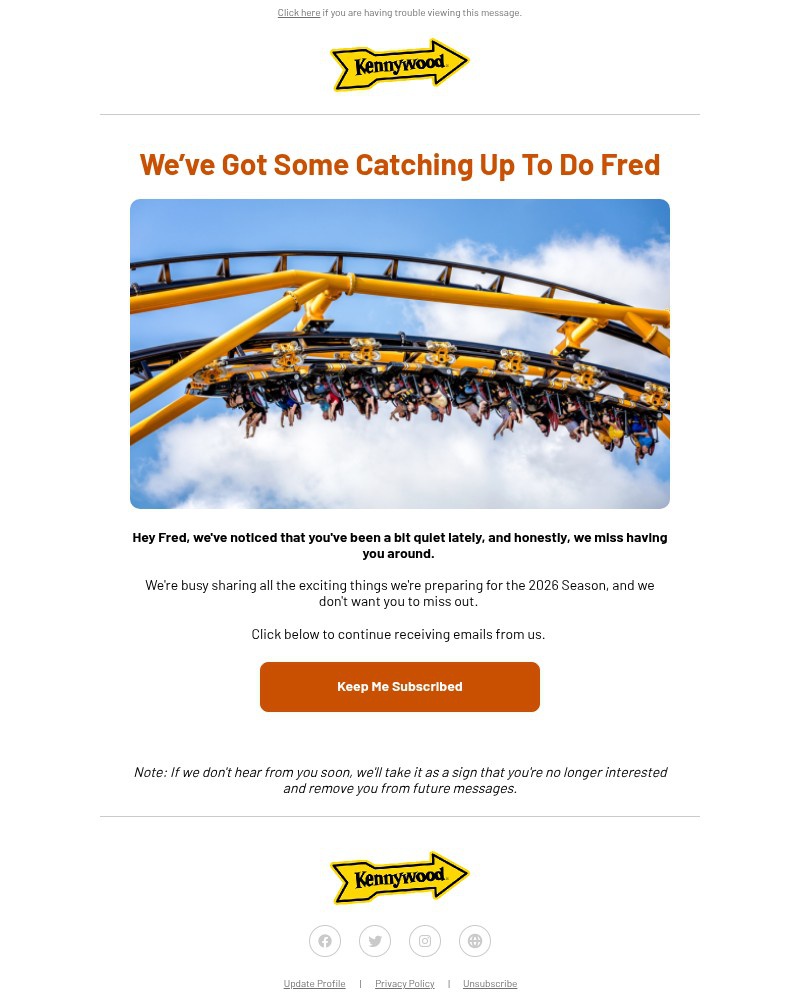 Screenshot of email sent to a Kennywood Newsletter subscriber