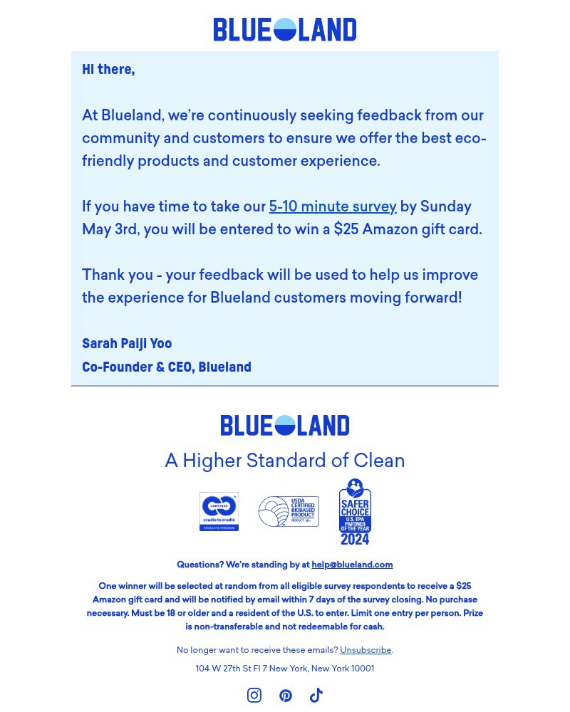 Screenshot of email sent to a Blueland Newsletter subscriber