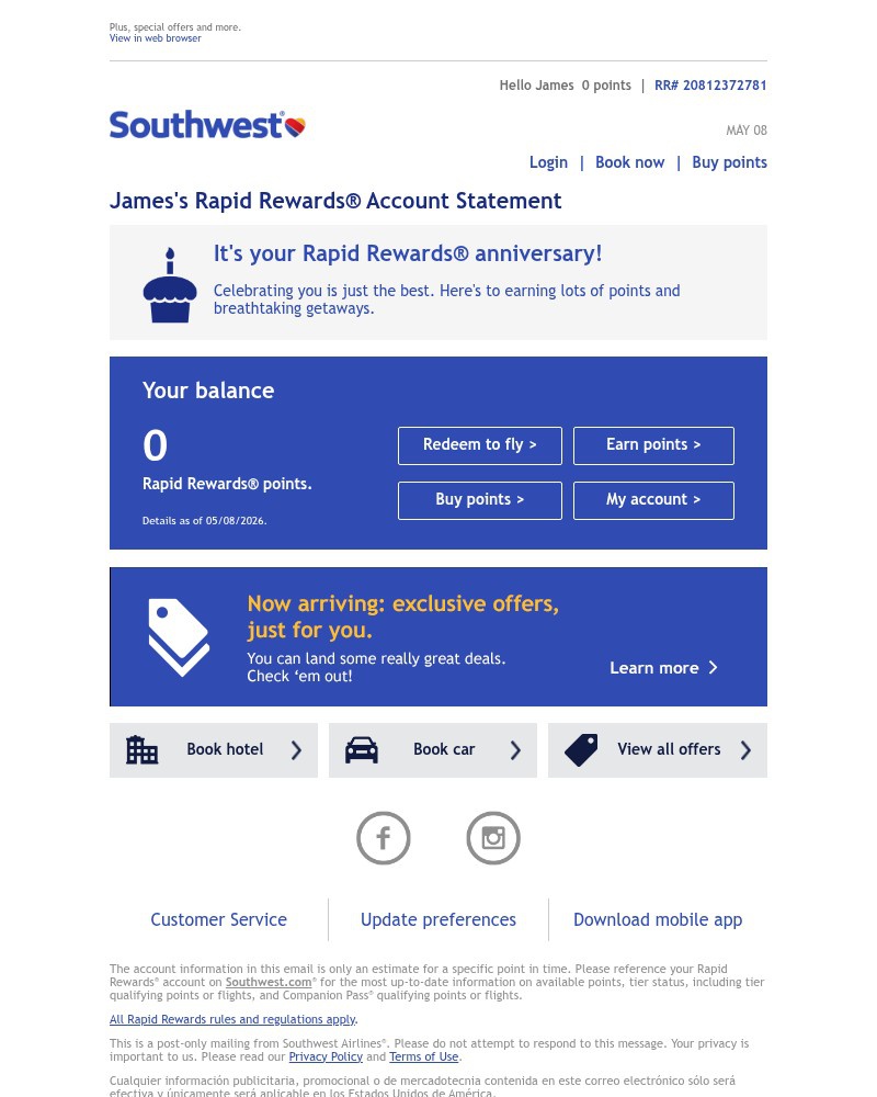 Screenshot of email sent to a Southwest Registered user