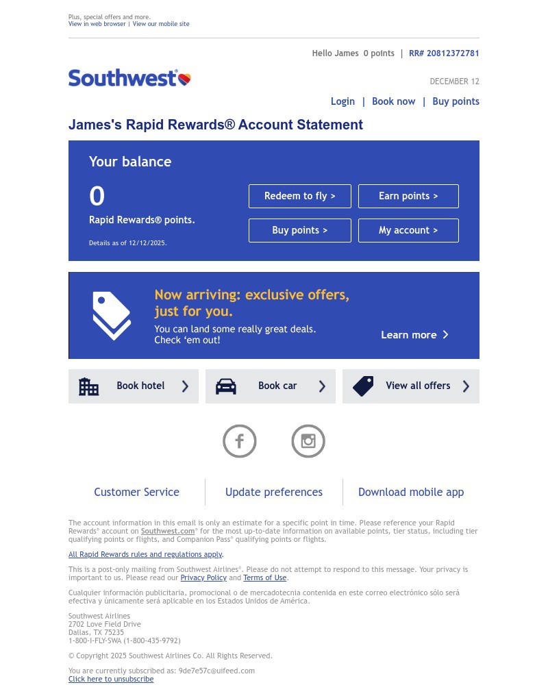 Screenshot of email sent to a Southwest Registered user