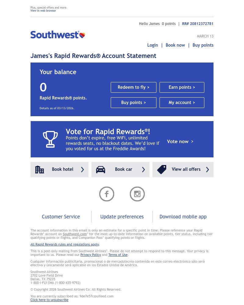 Screenshot of email sent to a Southwest Registered user