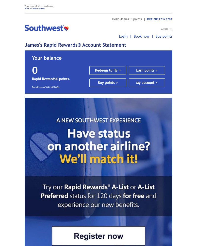 Screenshot of email sent to a Southwest Registered user