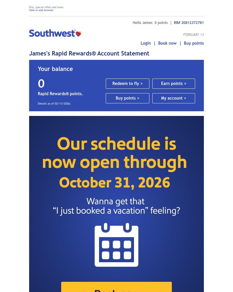 Screenshot of email sent to a Southwest Registered user