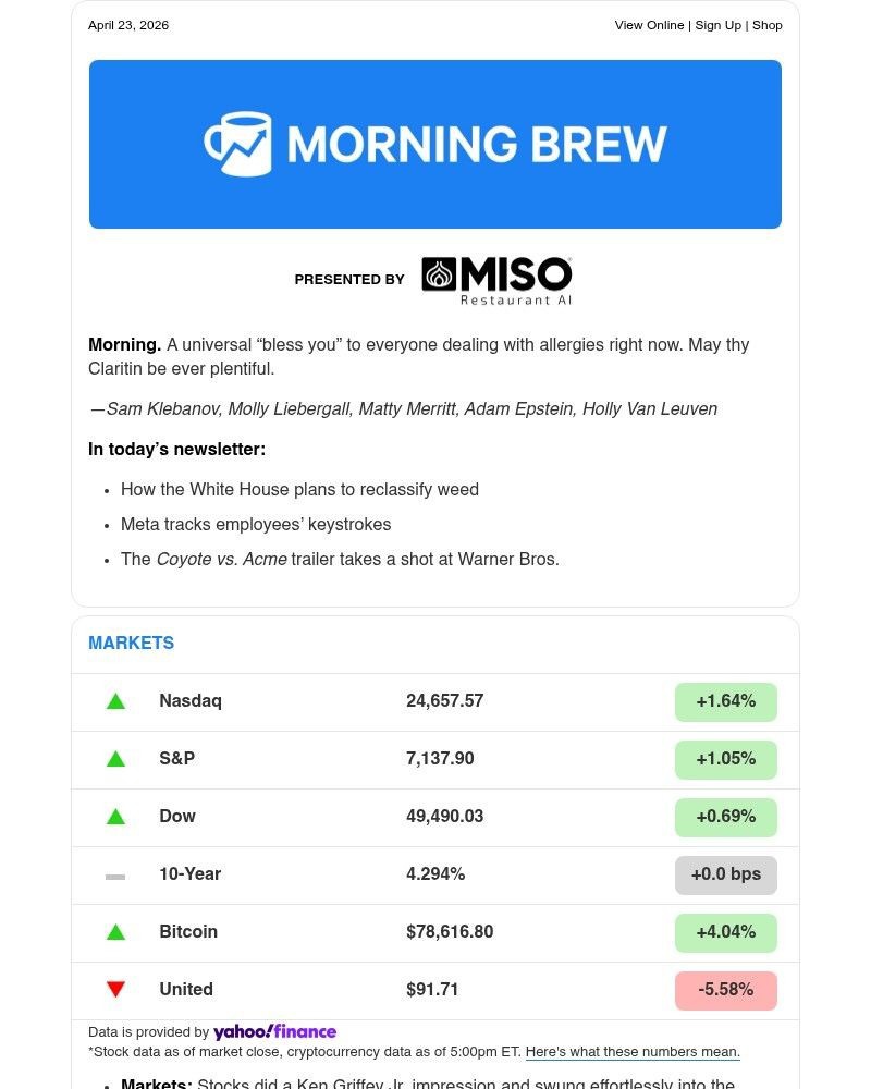 Screenshot of email sent to a Morning Brew Newsletter subscriber