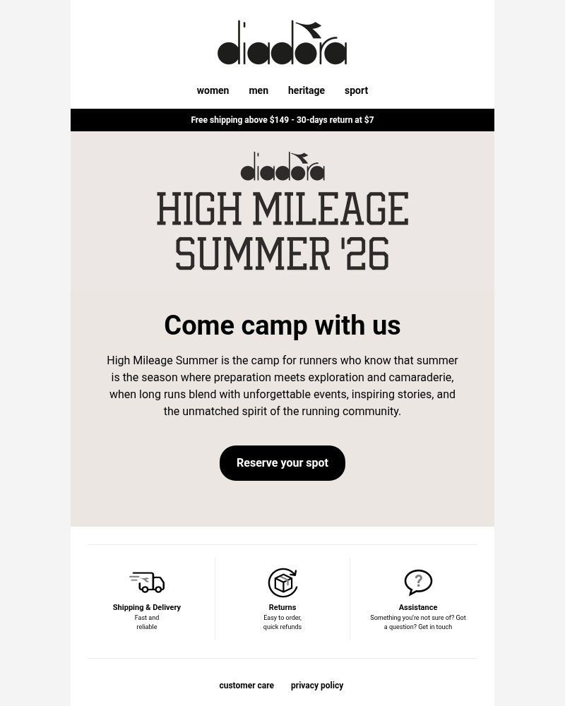 Screenshot of email sent to a Diadora Newsletter subscriber