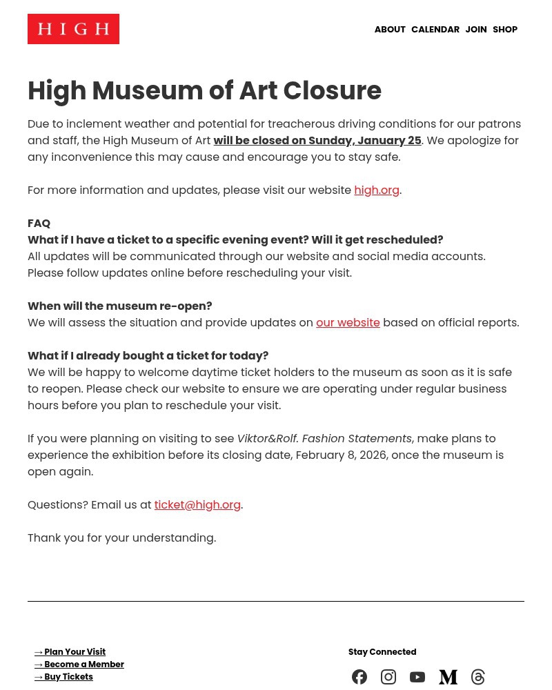 Screenshot of email sent to a High Museum of Art Newsletter subscriber