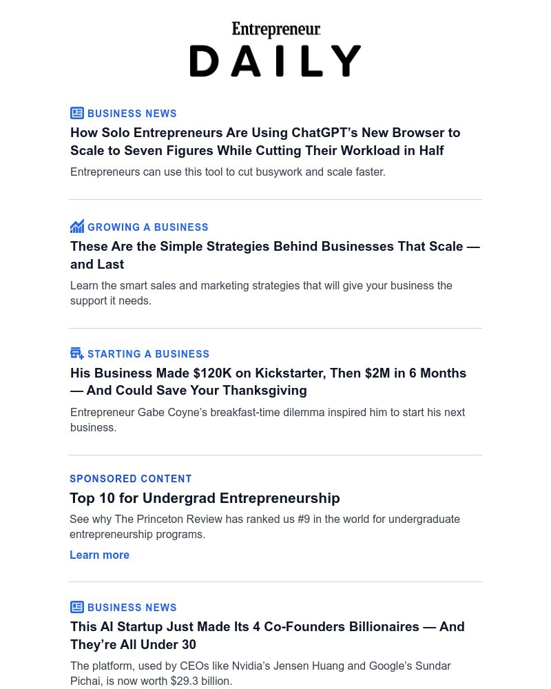 Screenshot of email sent to a Entrepreneur Newsletter subscriber