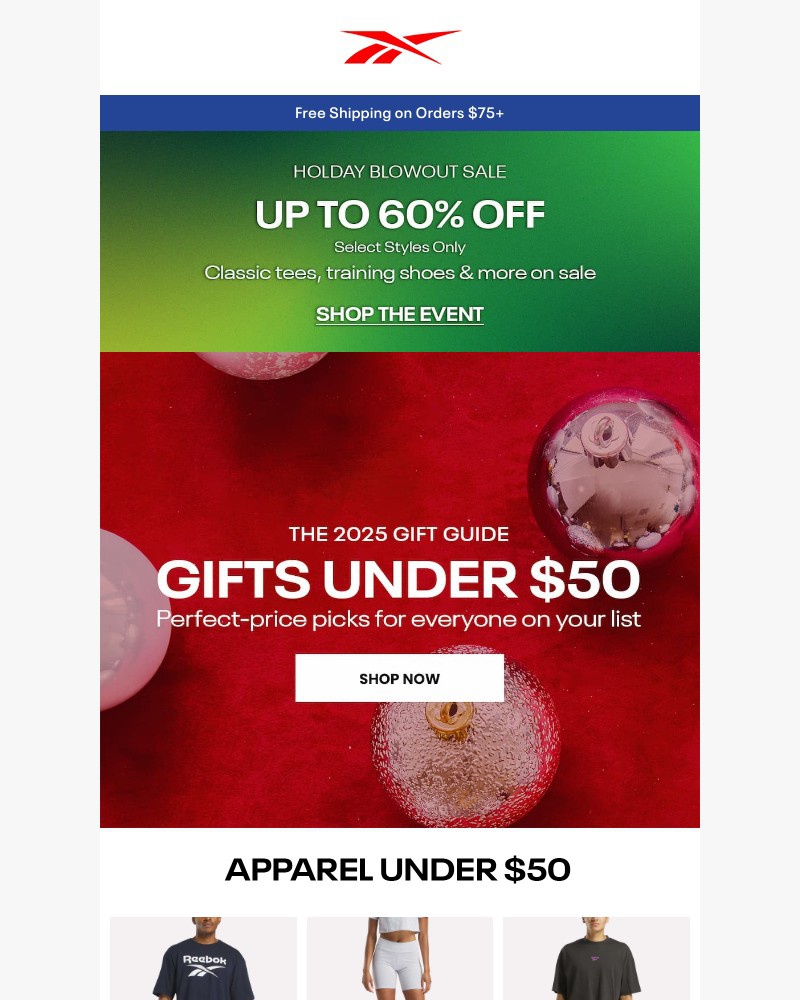 Screenshot of email sent to a Reebok Newsletter subscriber