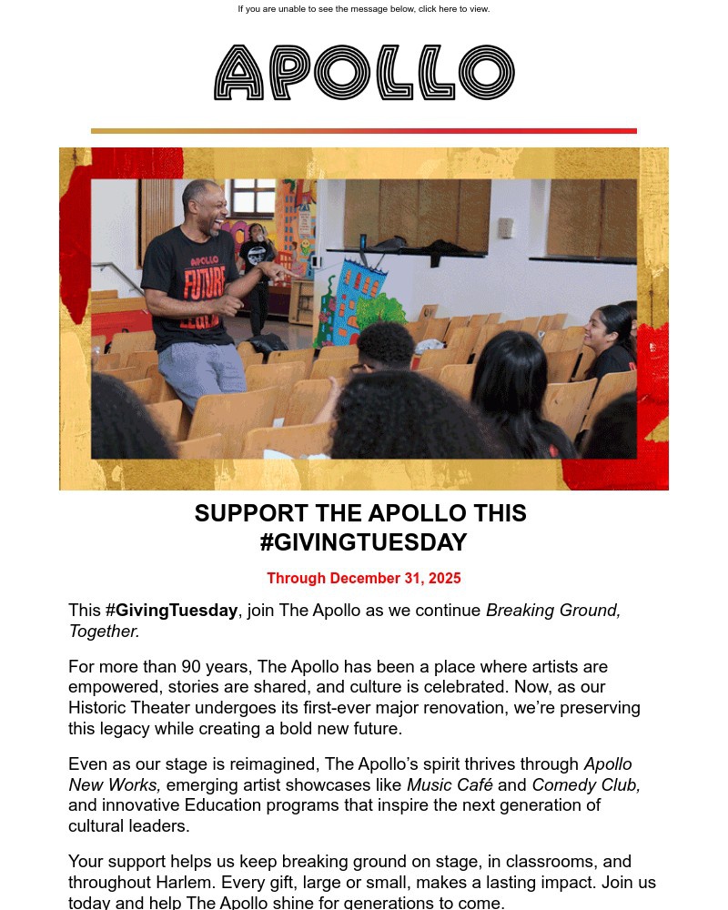 Screenshot of email sent to a Apollo Theater Newsletter subscriber