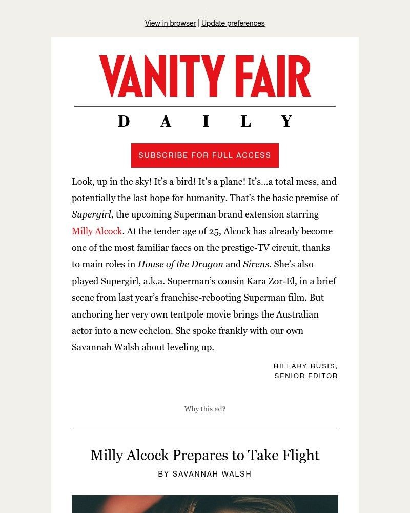 Screenshot of email sent to a Vanity Fair Newsletter subscriber