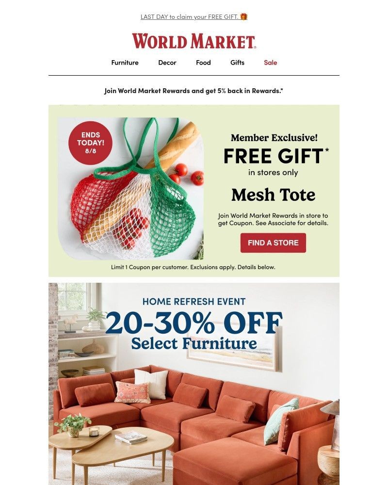 Screenshot of email sent to a World Market Cart abandoner