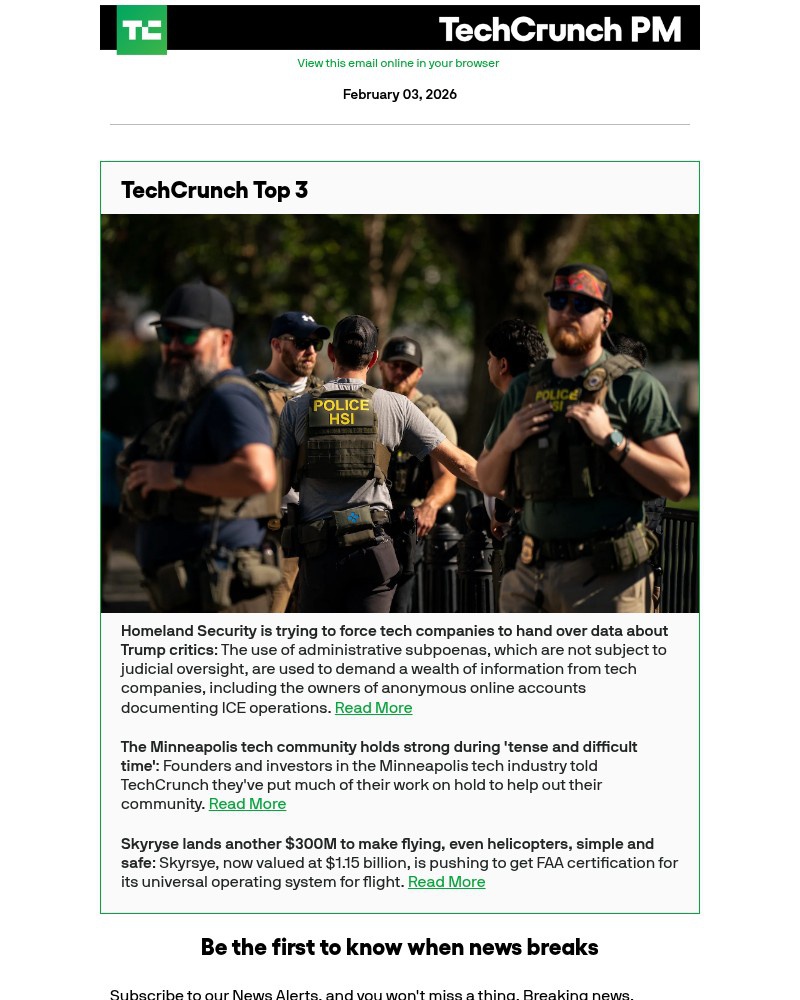 Screenshot of email sent to a Techcrunch Newsletter subscriber