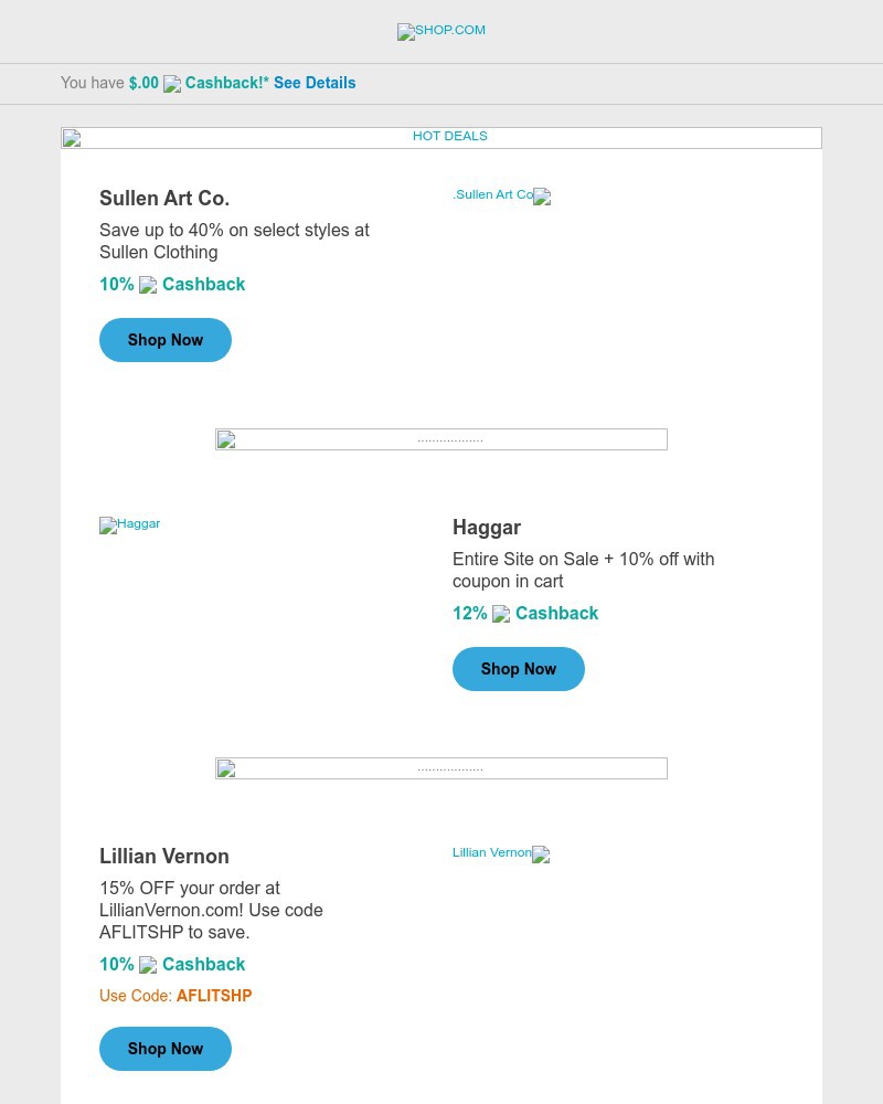 Screenshot of email sent to a Shop.com Newsletter subscriber