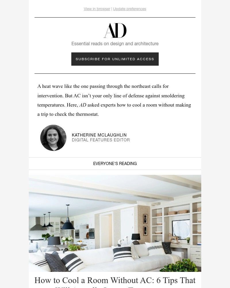 Screenshot of email sent to a Architectural Digest Newsletter subscriber