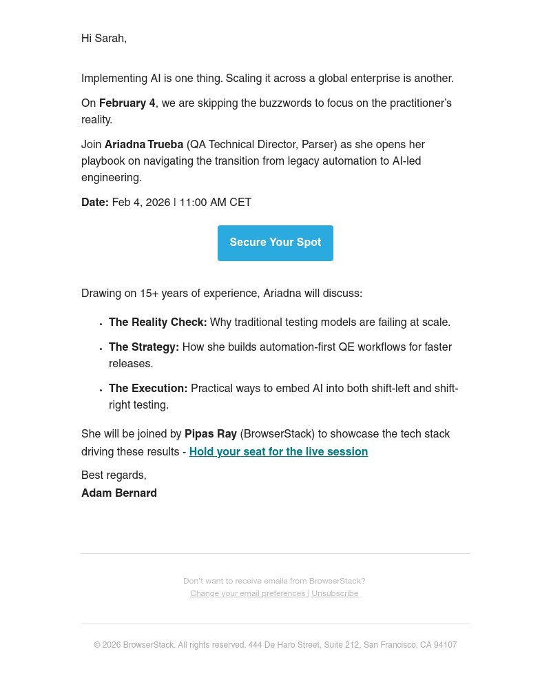 Screenshot of email sent to a BrowserStack Trial user