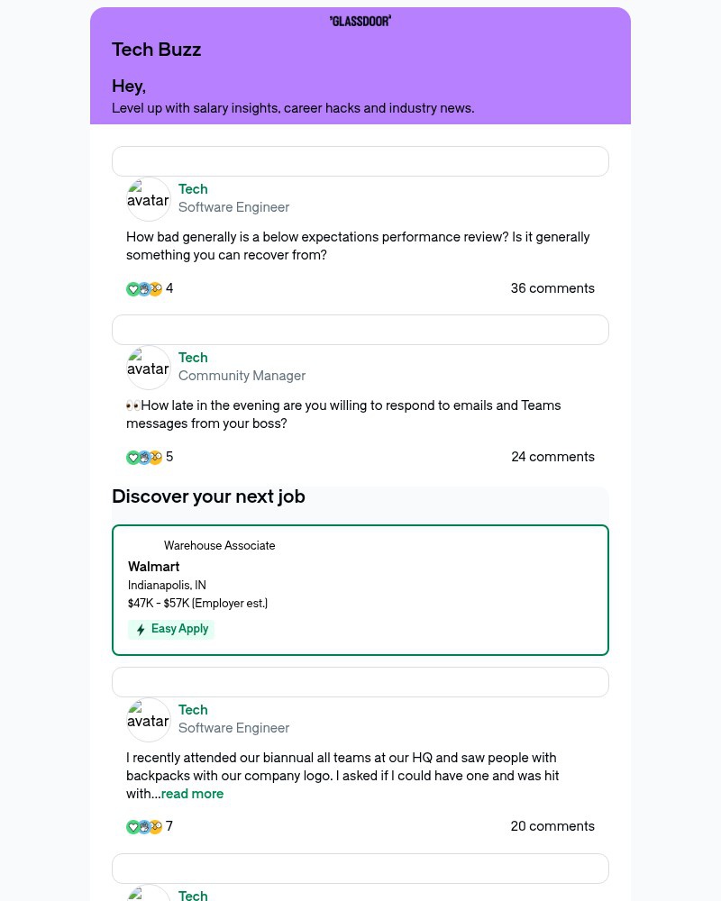 Screenshot of email sent to a Glassdoor Registered user