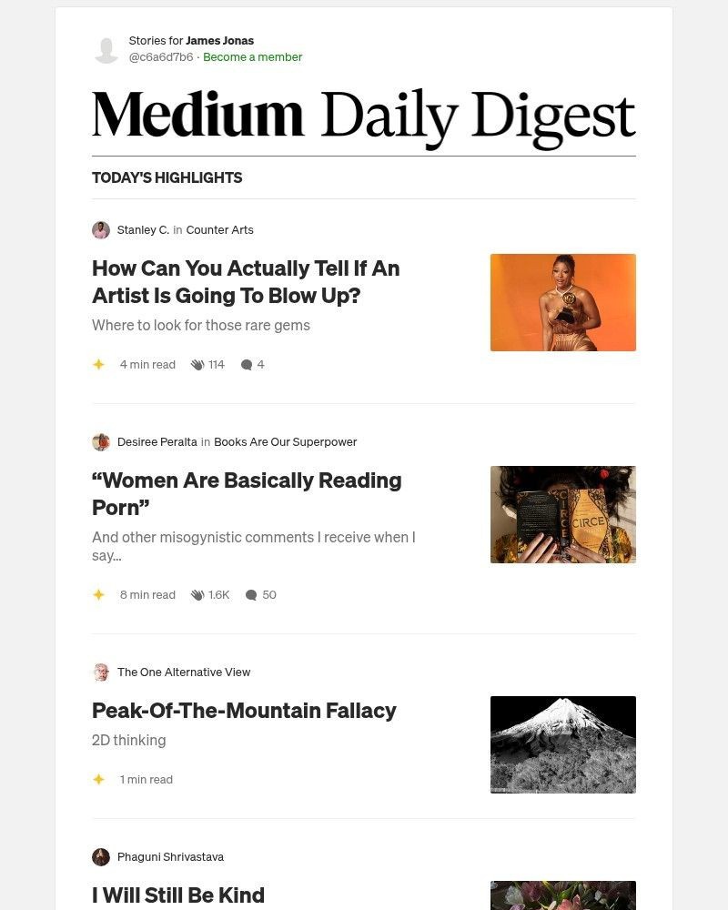 Screenshot of email sent to a Medium Registered user