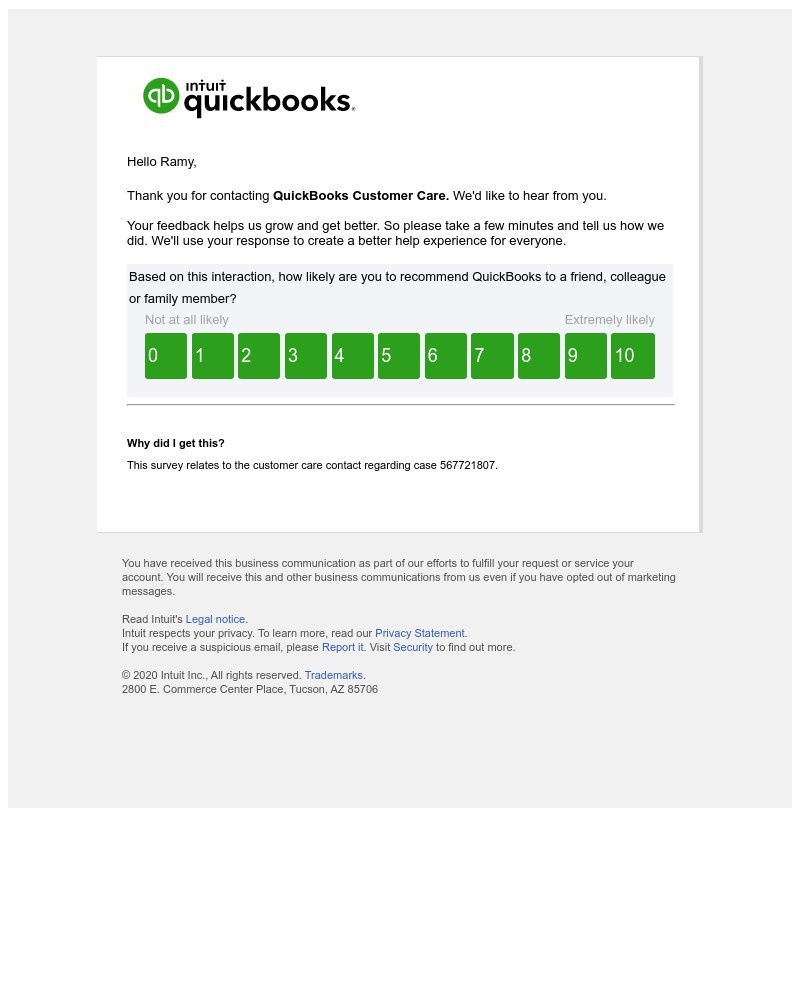 Screenshot of email sent to a QuickBooks Customer