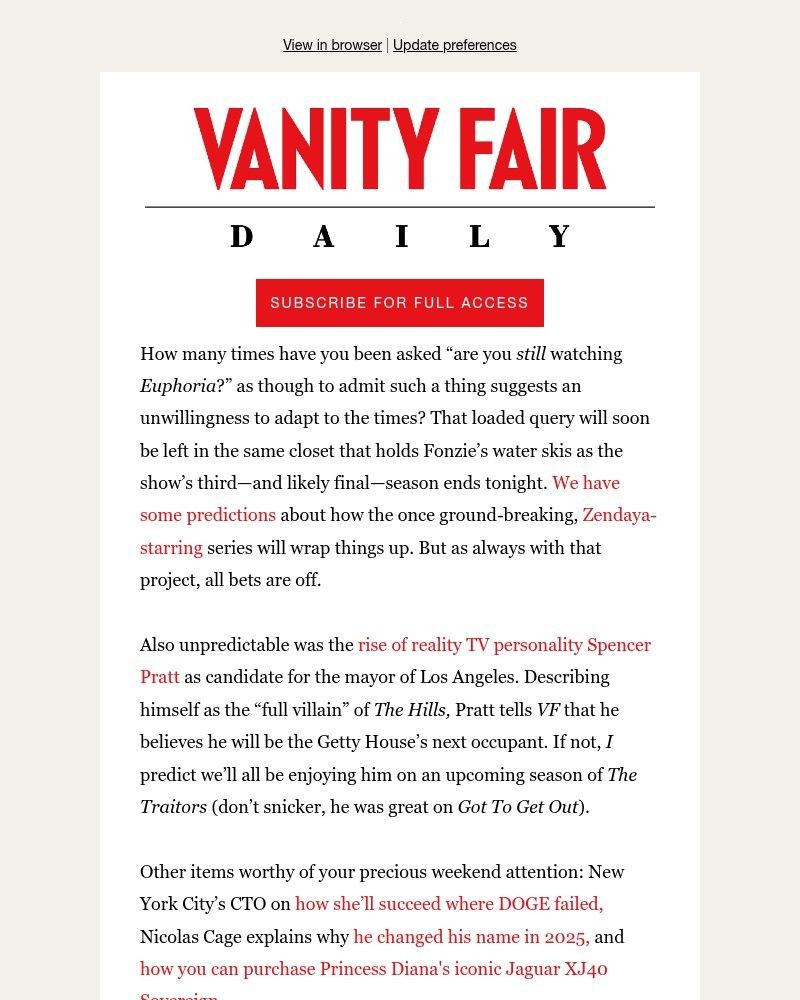 Screenshot of email sent to a Vanity Fair Newsletter subscriber